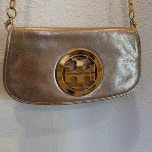 Tory Burch Metallic Gold Leather Crossbody with Logo Medallion